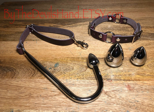 Anal Hook, Leather Collar and Rig Made of Plum Purple Cavalier Brand Leather- Three Interchangeable Hook Ends (CPP-BE)