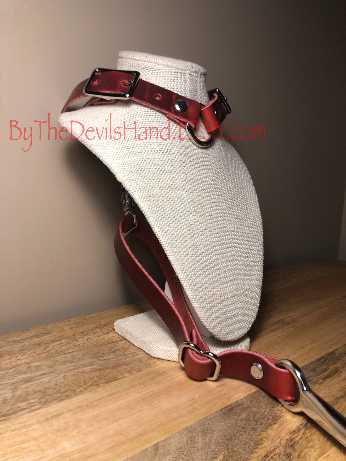 Anal Hook, Leather Collar and Rig Made of London Bus Red Cavalier Brand Leather- Three Interchangeable Hook Ends (CCB-BE)