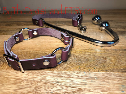 Premium Style - Anal Hook, Leather Collar and Rig Made of Cavalier Plum Purple Leather- Double Ball Hook Ends (CPP-BE)