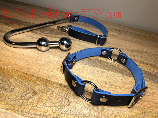 Premium Style - Anal Hook, Leather Collar and Rig Made of Cavalier Ink Pen Blue Leather- Double Ball Hook Ends (CIP-BE)