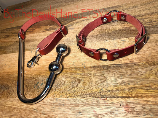 Premium Style - Anal Hook, Leather Collar and Rig Made of Cavalier London Bus Red Leather- Double Ball Hook Ends (CBR-BE)