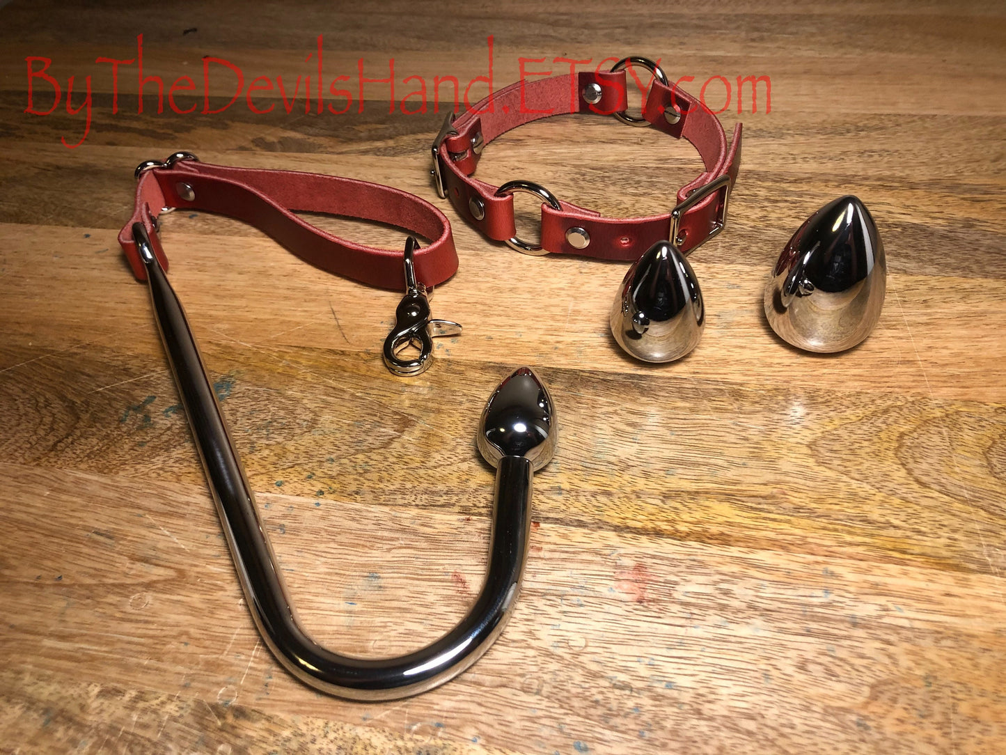 Anal Hook, Leather Collar and Rig Made of London Bus Red Cavalier Brand Leather- Three Interchangeable Hook Ends (CCB-BE)