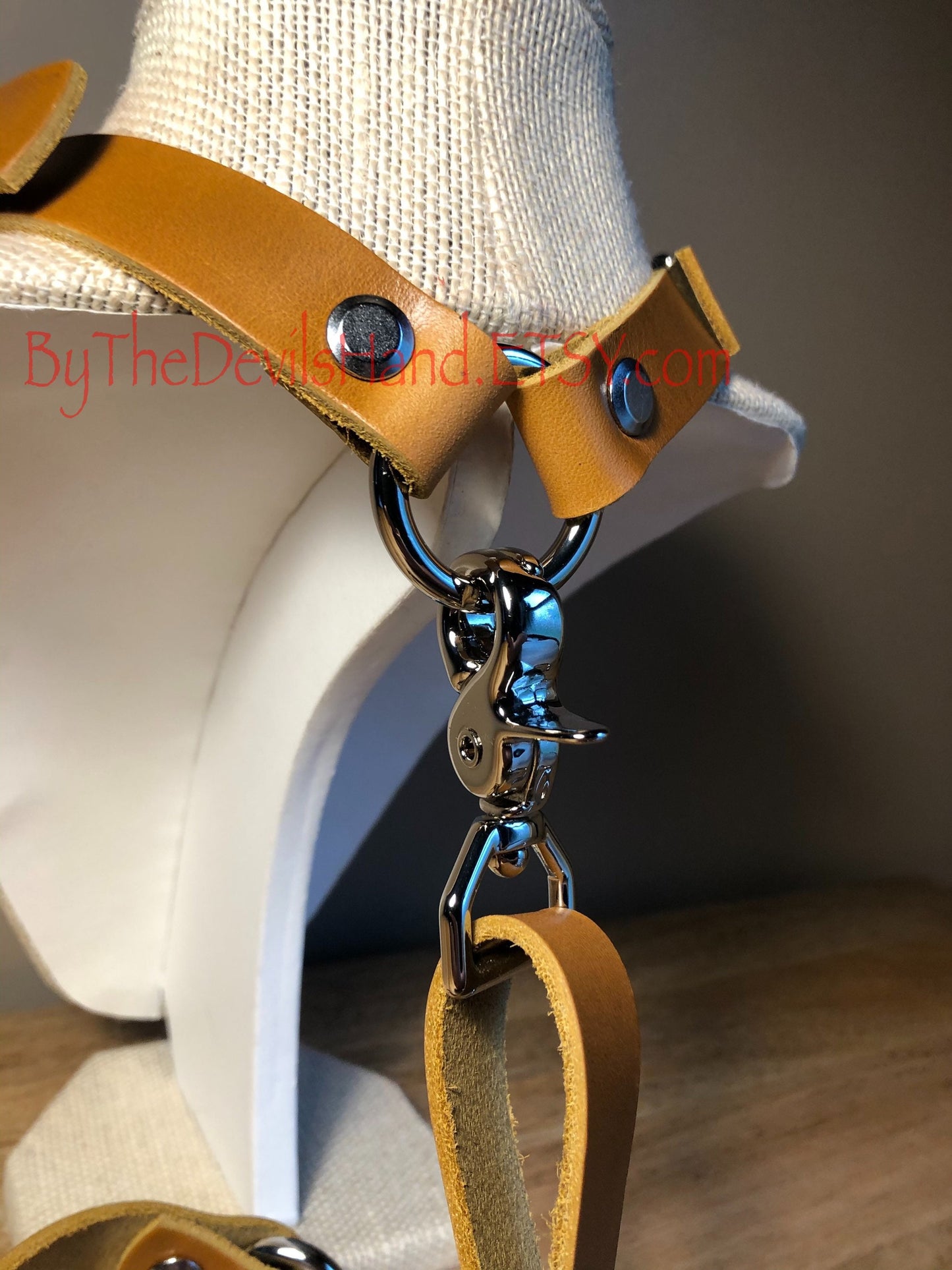 Premium Style - Anal Hook, Leather Collar and Rig Made of Cavalier Sunflower Gold Leather- Double Ball Hook Ends (CSG-BE)