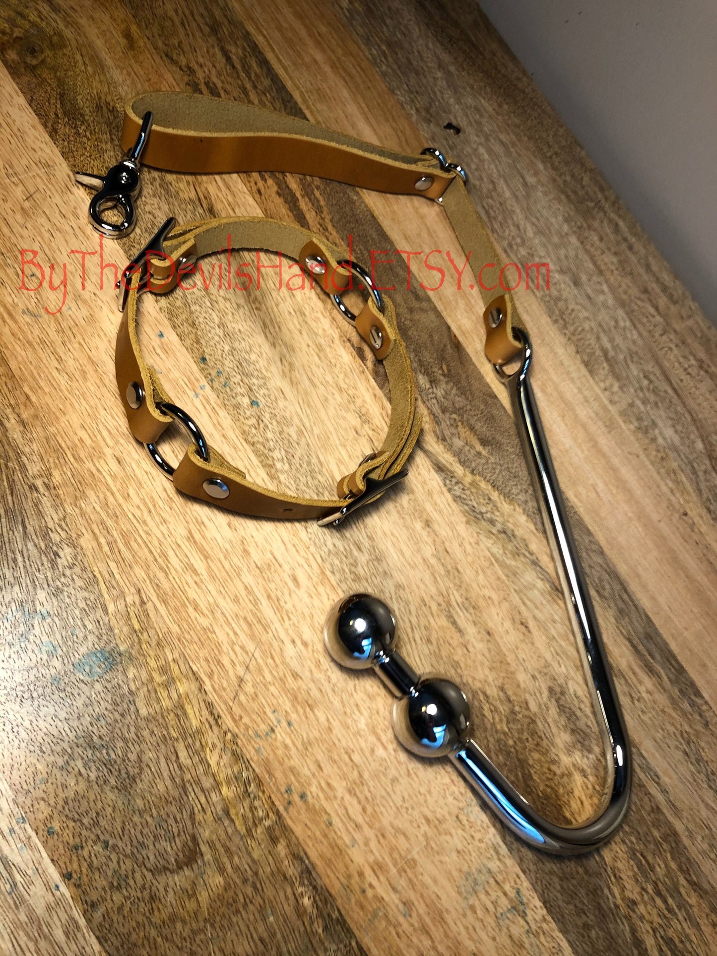 Premium Style - Anal Hook, Leather Collar and Rig Made of Cavalier Sunflower Gold Leather- Double Ball Hook Ends (CSG-BE)