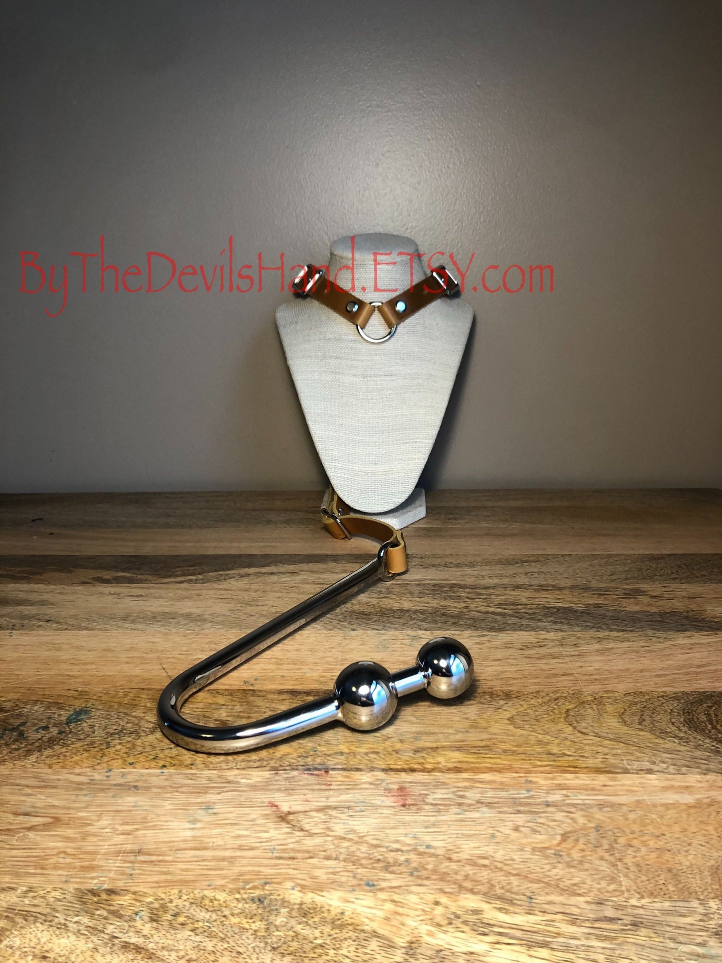 Premium Style - Anal Hook, Leather Collar and Rig Made of Cavalier Sunflower Gold Leather- Double Ball Hook Ends (CSG-BE)