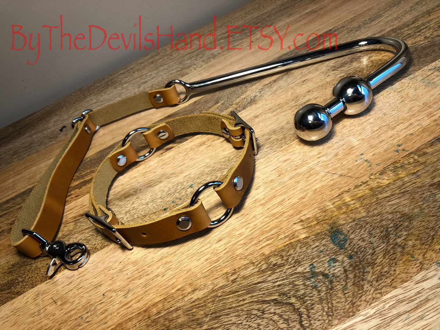 Premium Style - Anal Hook, Leather Collar and Rig Made of Cavalier Sunflower Gold Leather- Double Ball Hook Ends (CSG-BE)