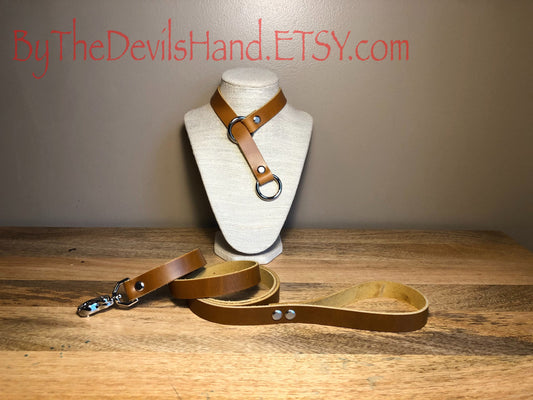 Leather Choke Collar With Matching Leash In Cavalier Sunflower Gold Leather -Pretty, Functional, Durable (CSG-BE)