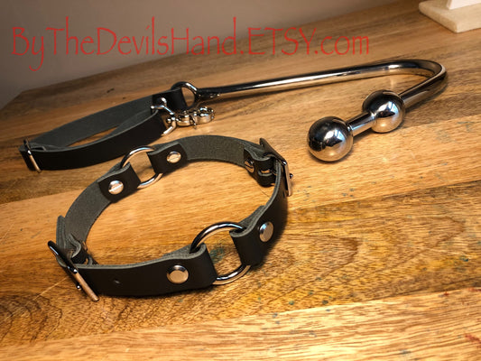 Premium Style - Anal Hook, Leather Collar and Rig Made of Black Essex Super Soft Horween Leather- Double Ball Hook Ends (BKE-BE)