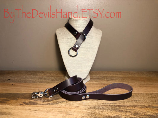 Leather Choke Collar With Matching Leash In Cavalier Plum Purple Leather -Pretty, Functional, Durable (CPP-BE)