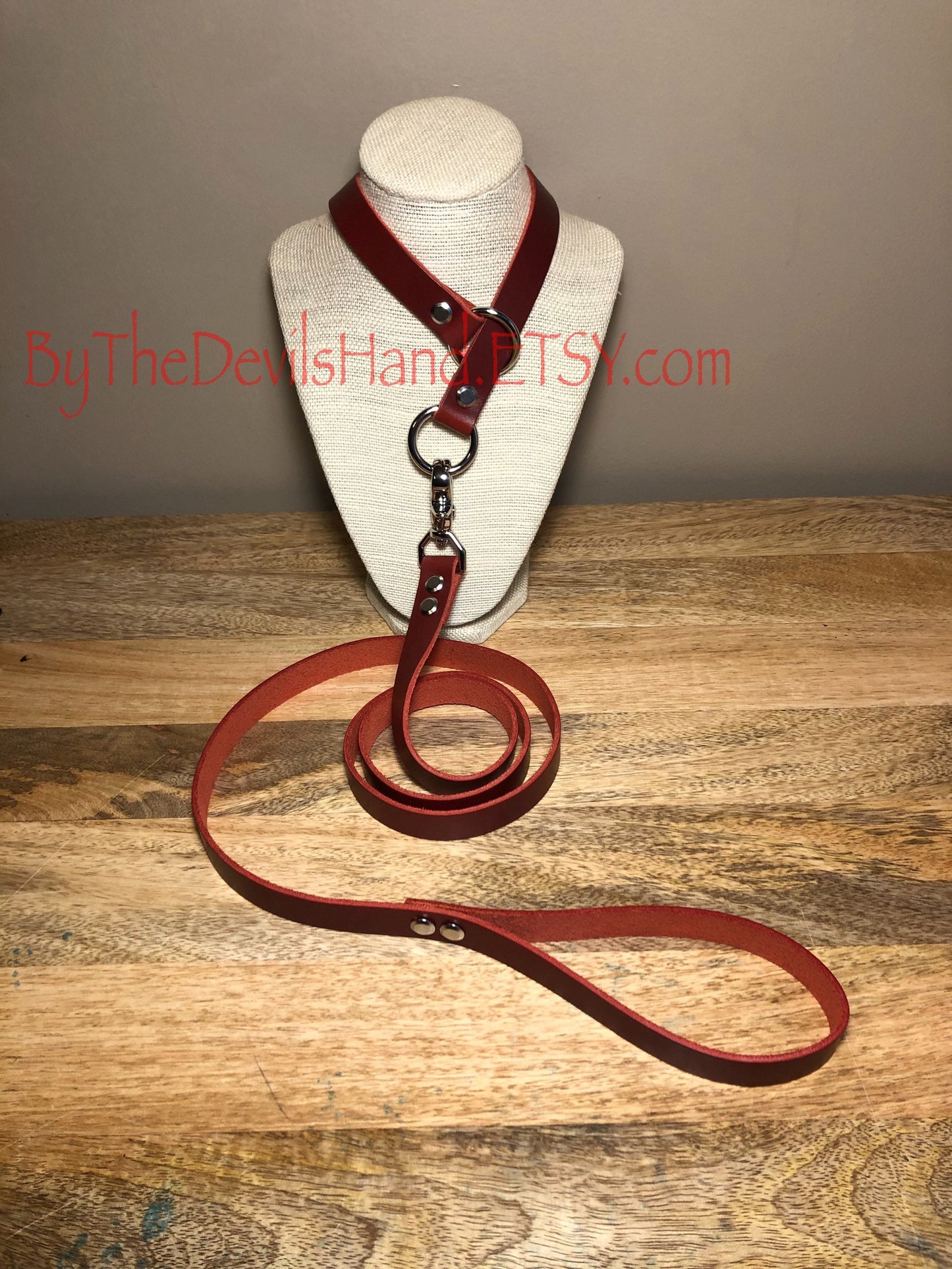 Leather Choke Collar With Matching Leash In Cavalier London Bus Red Leather -Pretty, Functional, Durable (CBR-BE)