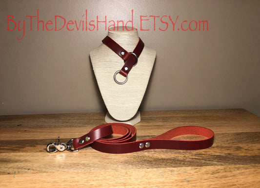 Leather Choke Collar With Matching Leash In Cavalier London Bus Red Leather -Pretty, Functional, Durable (CBR-BE)