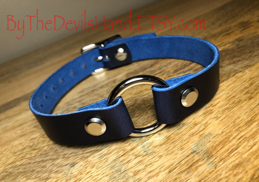 O Ring Leather Choker BDSM Primary Collar Or Day Collar - Cavalier Ink Pen Blue Leather (CIP-BE)