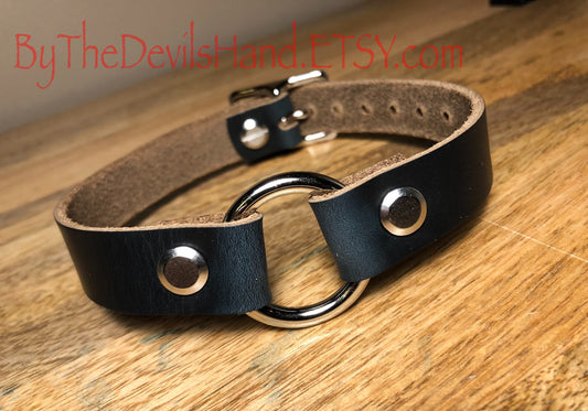 O Ring Leather Choker BDSM Primary Collar Or Day Collar - Horween Navy Chromexcel Leather (NAC-BE)