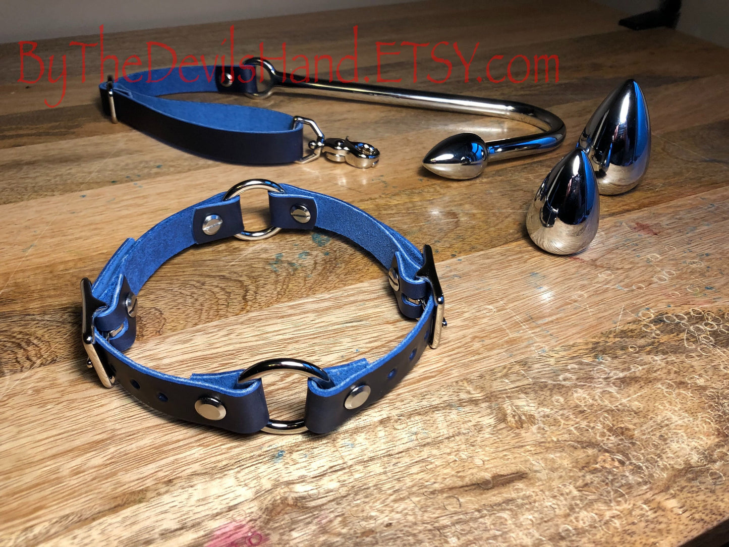 Anal Hook, Leather Collar and Rig Made of Cavalier Ink Pen Blue Leather- Three Interchangeable Hook Ends (CIP-BE)