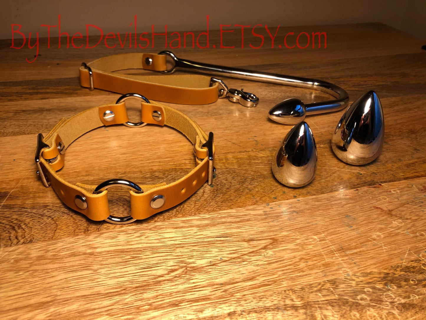 Anal Hook, Leather Collar and Rig Made of Cavalier Sunflower Gold Leather- Three Interchangeable Hook Ends (CSG-BE)