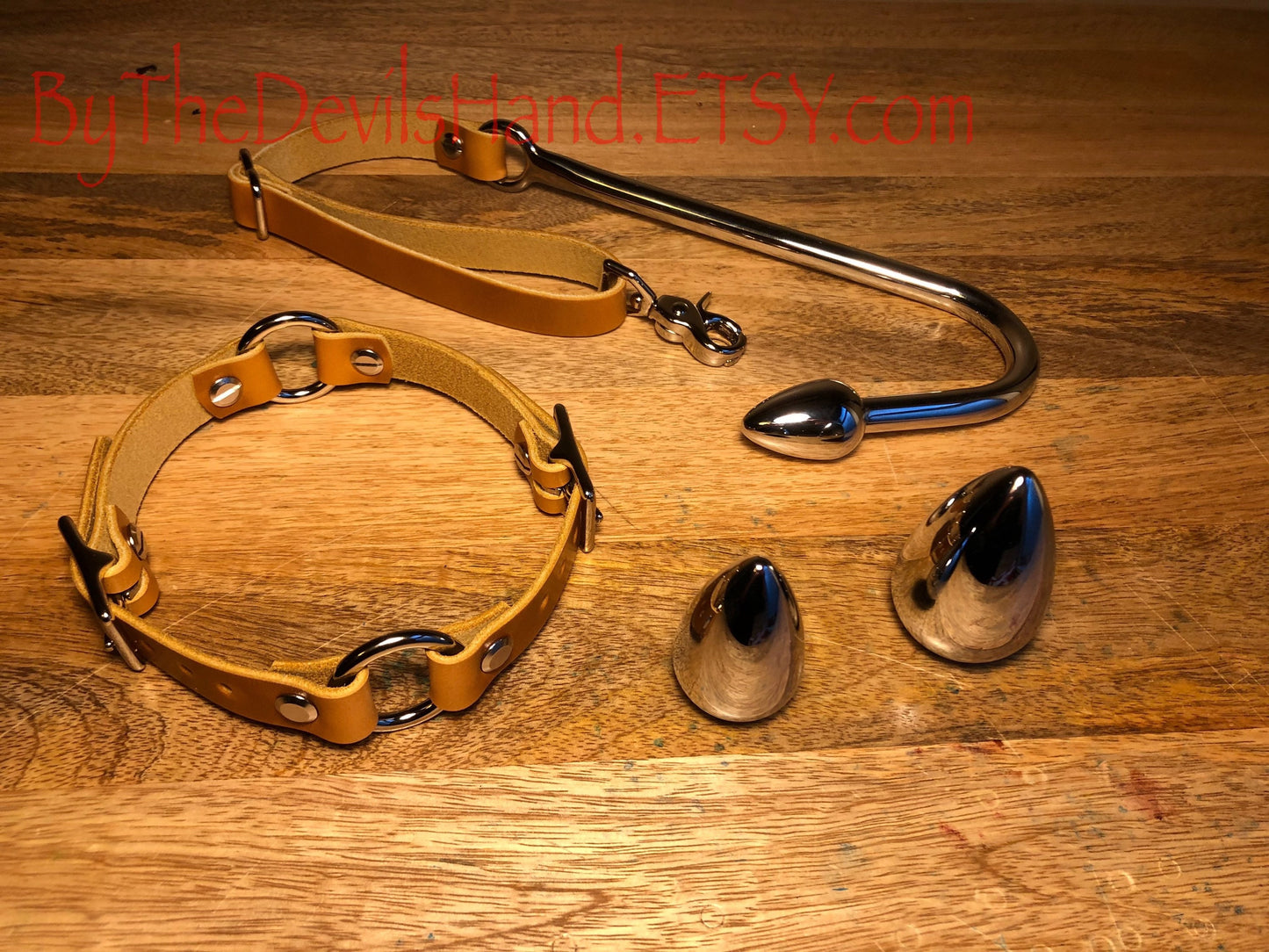 Anal Hook, Leather Collar and Rig Made of Cavalier Sunflower Gold Leather- Three Interchangeable Hook Ends (CSG-BE)