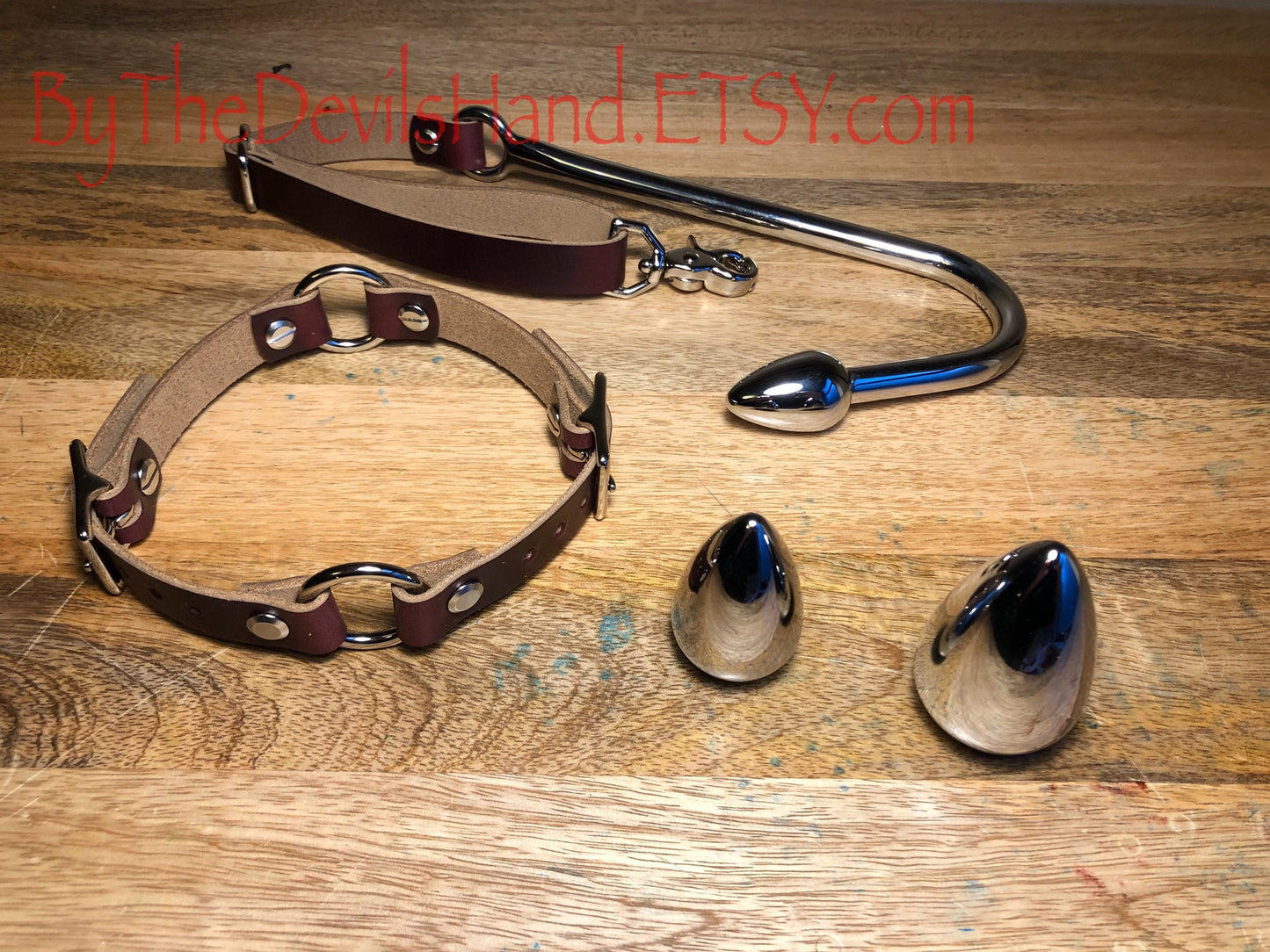 Anal Hook, Leather Collar and Rig Made of Horween Ox Blood Chromexcel Leather- Three Interchangeable Hook Ends (OBC-BE)