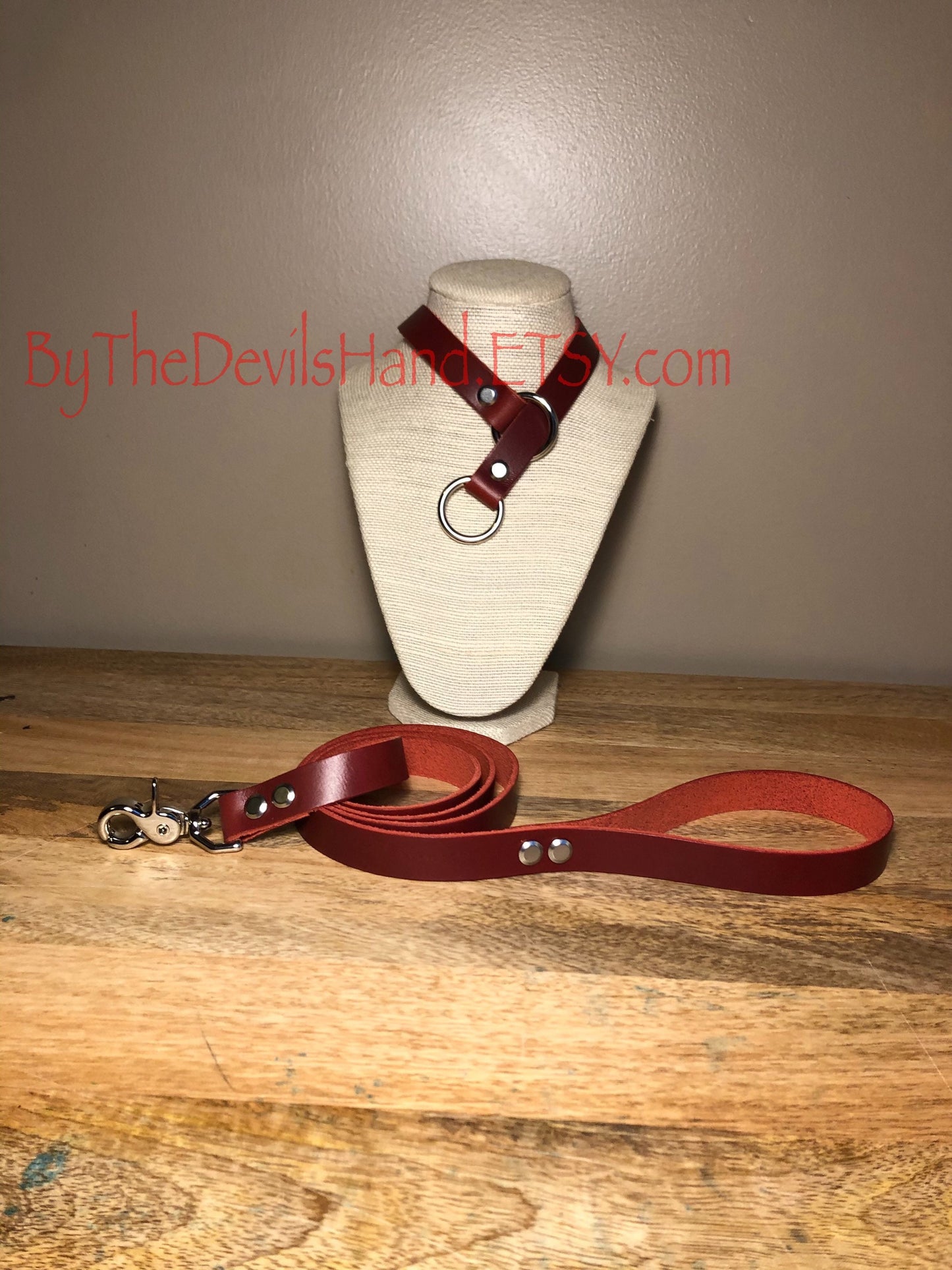 Leather Choke Collar With Matching Leash In Cavalier London Bus Red Leather -Pretty, Functional, Durable (CBR-BE)