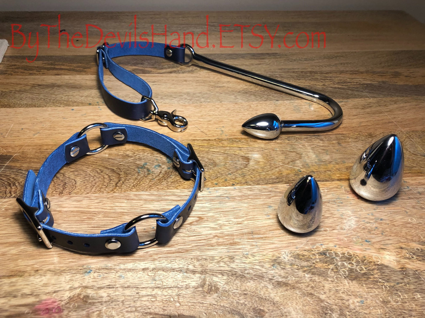 Anal Hook, Leather Collar and Rig Made of Cavalier Ink Pen Blue Leather- Three Interchangeable Hook Ends (CIP-BE)