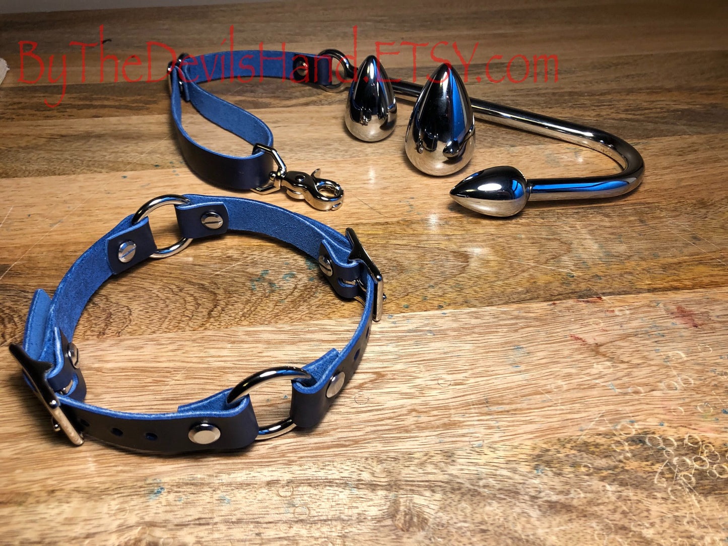 Anal Hook, Leather Collar and Rig Made of Cavalier Ink Pen Blue Leather- Three Interchangeable Hook Ends (CIP-BE)