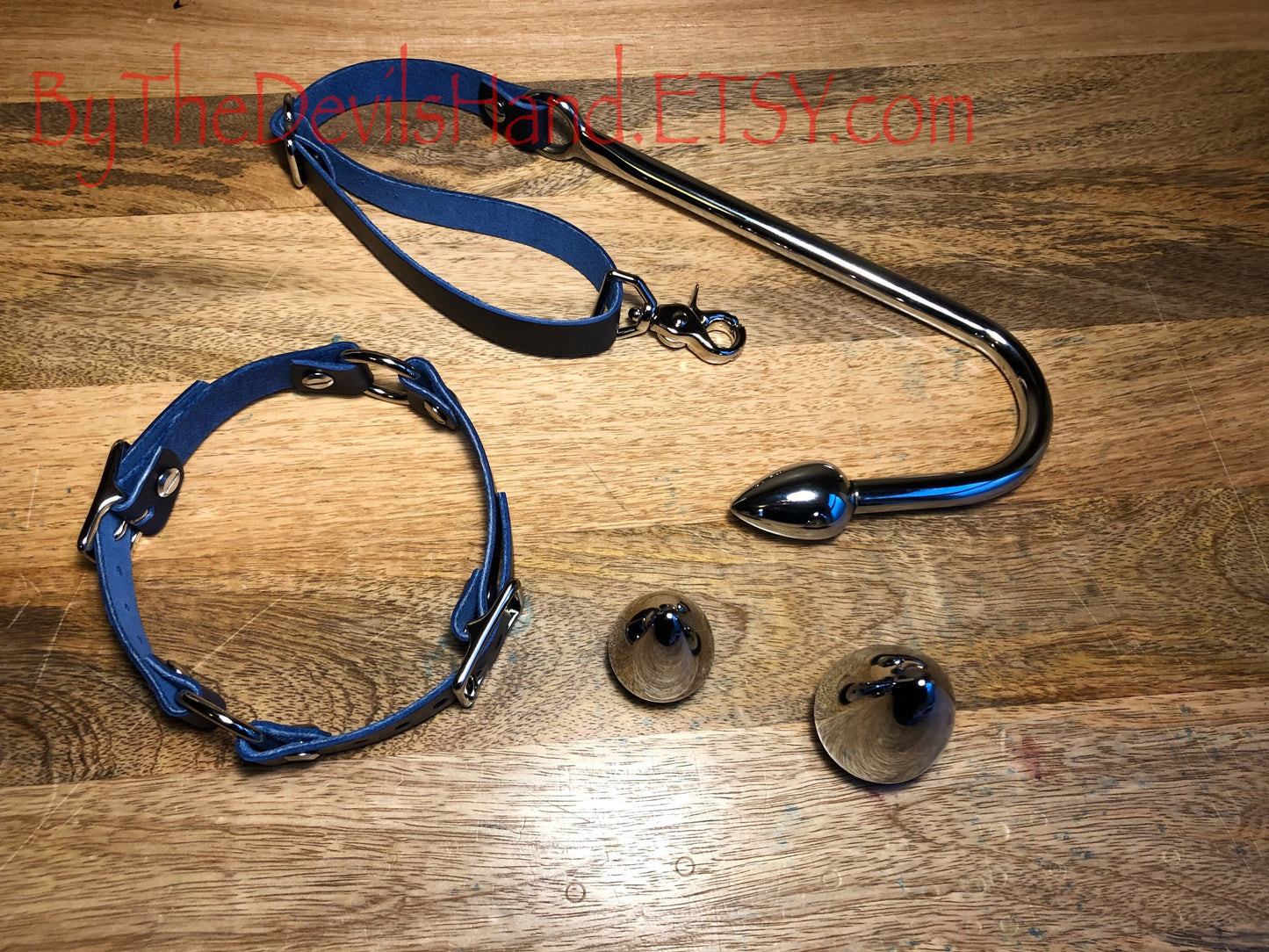 Anal Hook, Leather Collar and Rig Made of Cavalier Ink Pen Blue Leather- Three Interchangeable Hook Ends (CIP-BE)