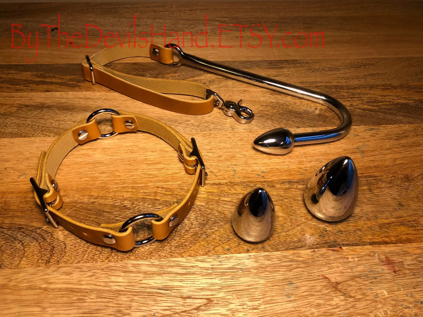 Anal Hook, Leather Collar and Rig Made of Cavalier Sunflower Gold Leather- Three Interchangeable Hook Ends (CSG-BE)