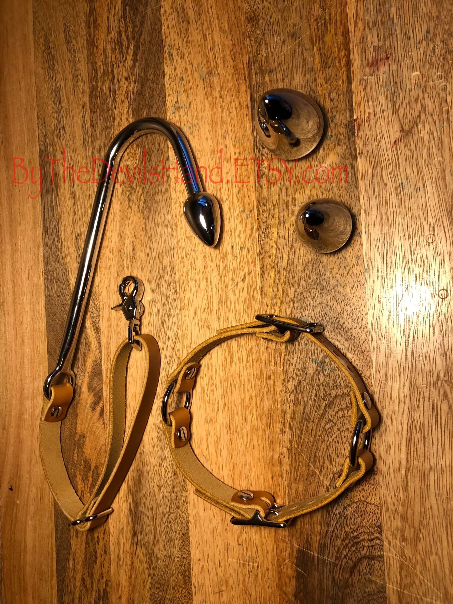 Anal Hook, Leather Collar and Rig Made of Cavalier Sunflower Gold Leather- Three Interchangeable Hook Ends (CSG-BE)