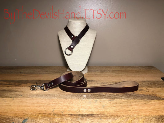 Leather Choke Collar With Matching Leash In Horween Ox Blood Dark Red Chromexcel Leather -Pretty, Functional, Durable (OBC-BE)