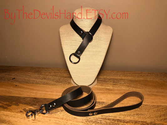 Leather Choke Collar With Matching Leash In Horween Navy Chromexcel Leather -Pretty, Functional, Durable (NAC-BE)