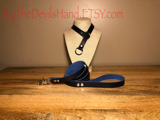 Leather Choke Collar With Matching Leash In Cavalier Ink Pen Blue Leather - Pretty, Functional, Durable (CIP-BE)