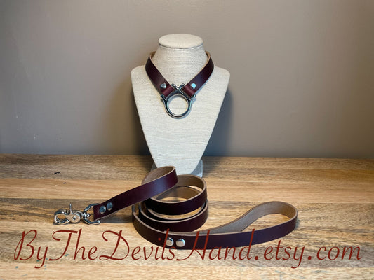 Slave / Submissive Ownership Collar With Matching Leash In Horween Ox Blood Burgundy Chromexcel Leather - Secure, Strong, Durable (OBC-BE)