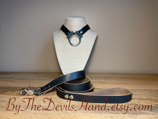 Leather Slave / Submissive Ownership Collar With Matching Leash In Horween Navy Chromexcel Leather - Secure, Strong, Durable (NAC-BE)