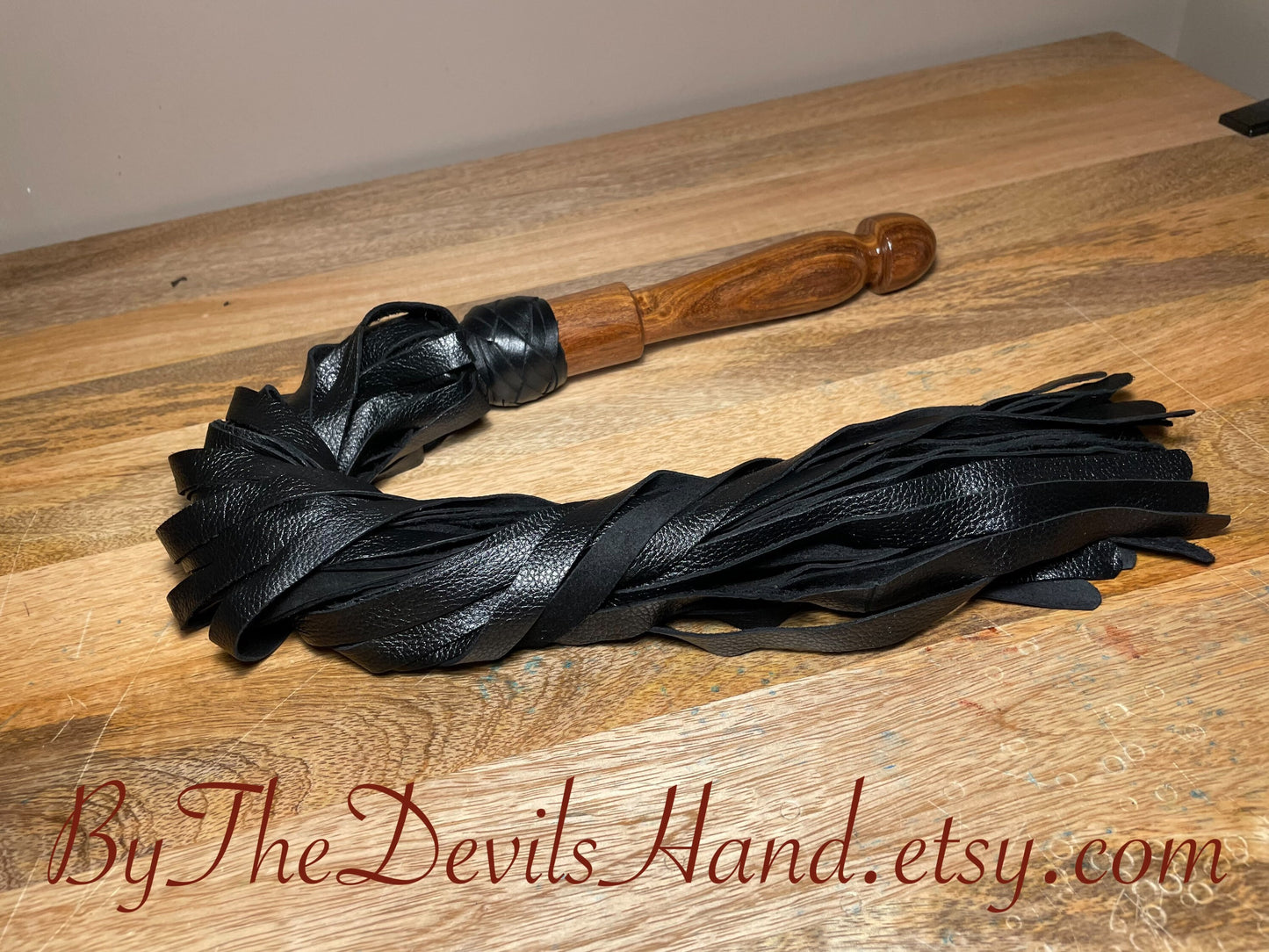 Walnut Wood Handle Flogger - Black Leather - The Classic Long Wood Handle Flogger