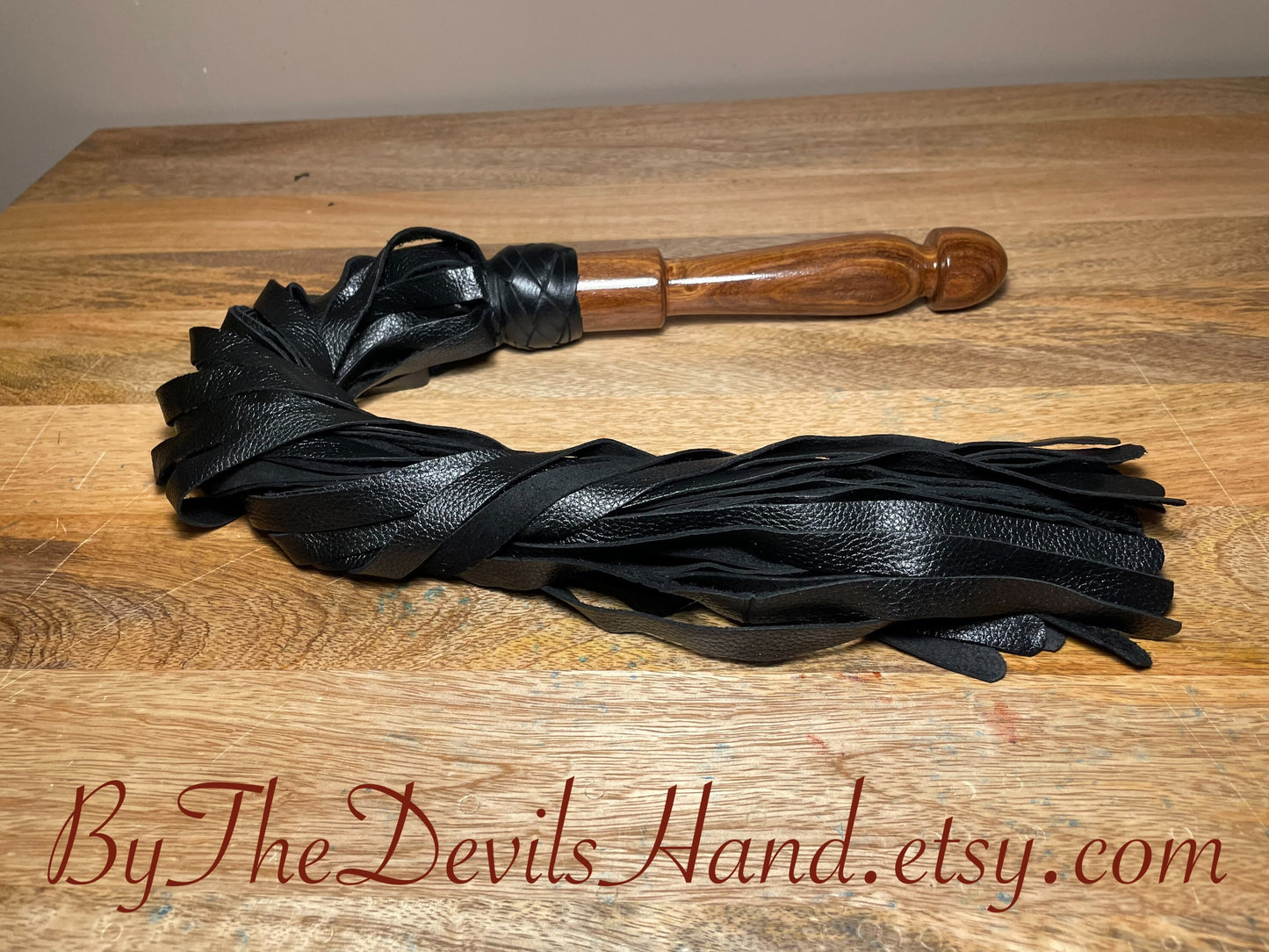 Walnut Wood Handle Flogger - Black Leather - The Classic Long Wood Handle Flogger