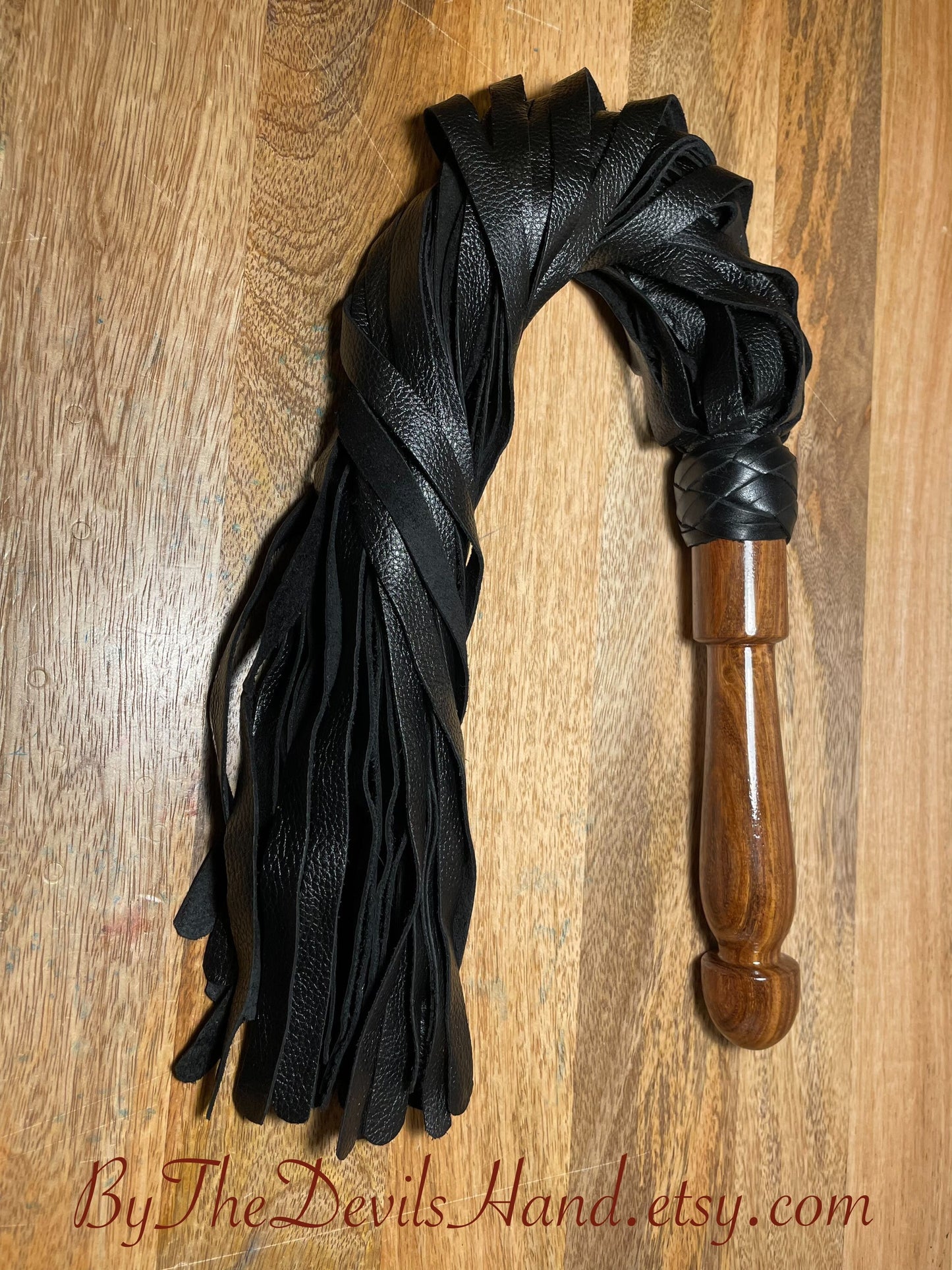 Walnut Wood Handle Flogger - Black Leather - The Classic Long Wood Handle Flogger