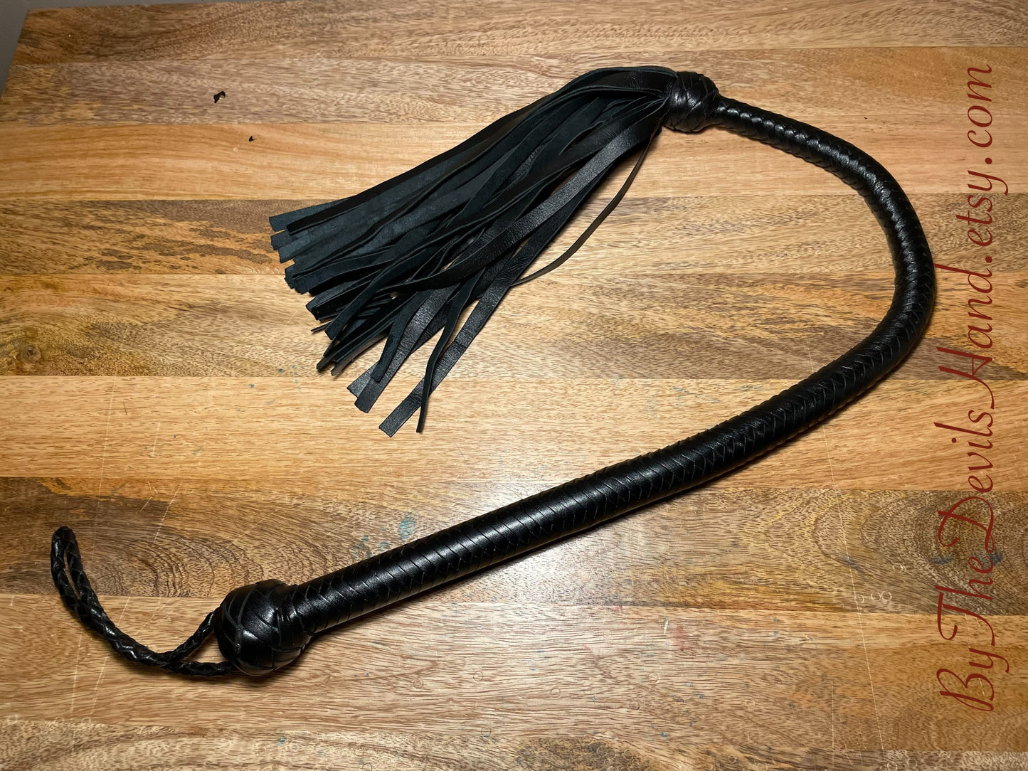 36" Long Flogger - Long Handle - Smooth Braided Black Leather - Total Length Three Feet