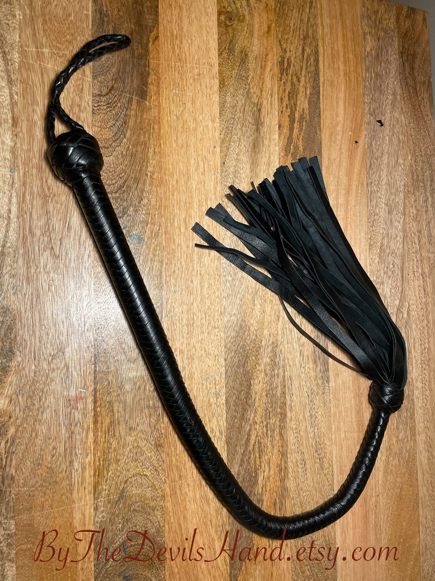 36" Long Flogger - Long Handle - Smooth Braided Black Leather - Total Length Three Feet