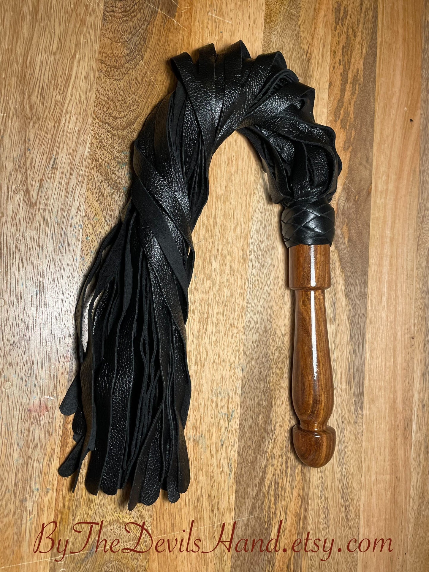 Walnut Wood Handle Flogger - Black Leather - The Classic Long Wood Handle Flogger