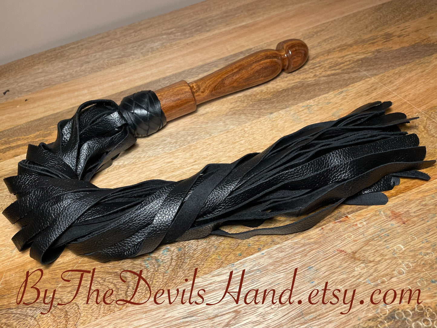 Walnut Wood Handle Flogger - Black Leather - The Classic Long Wood Handle Flogger