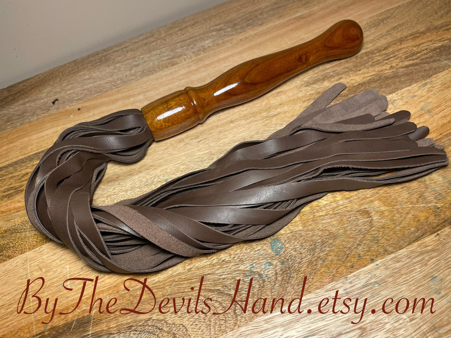 Walnut Wood Handle Flogger - Brown Leather - The Classic Long Wood Handle Flogger