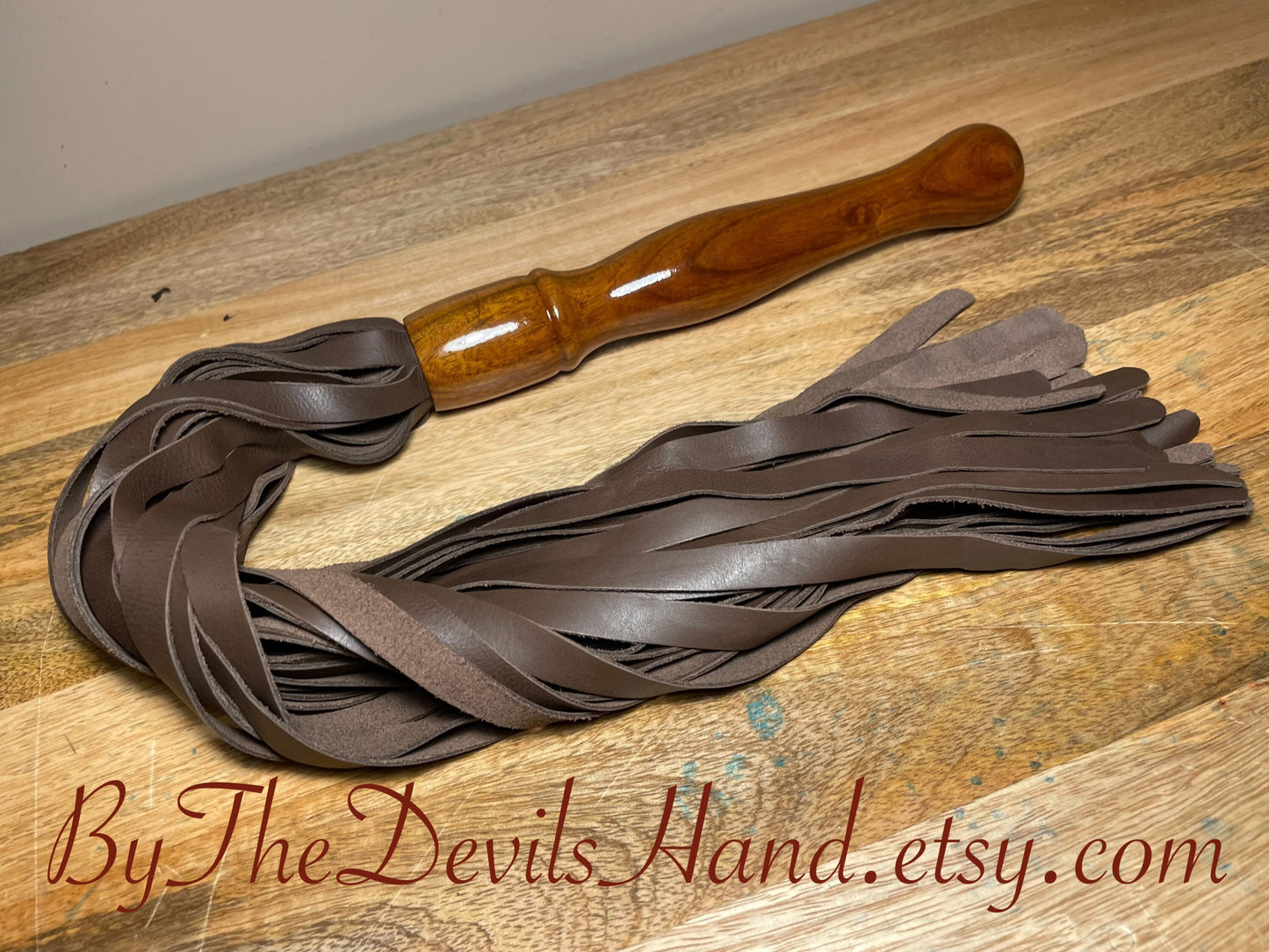 Walnut Wood Handle Flogger - Brown Leather - The Classic Long Wood Handle Flogger