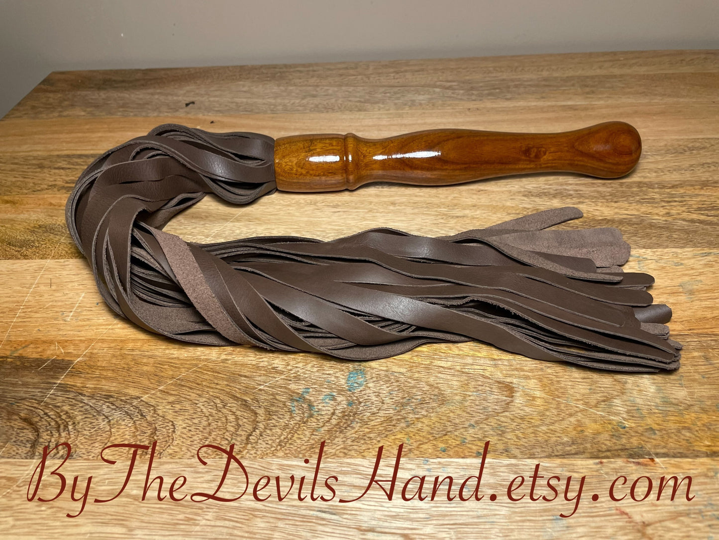 Walnut Wood Handle Flogger - Brown Leather - The Classic Long Wood Handle Flogger