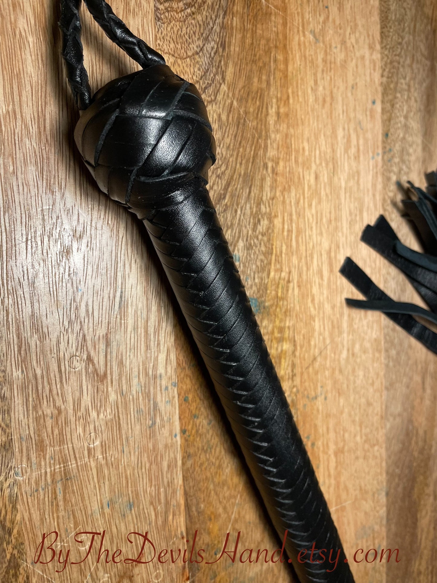 36" Long Flogger - Long Handle - Smooth Braided Black Leather - Total Length Three Feet