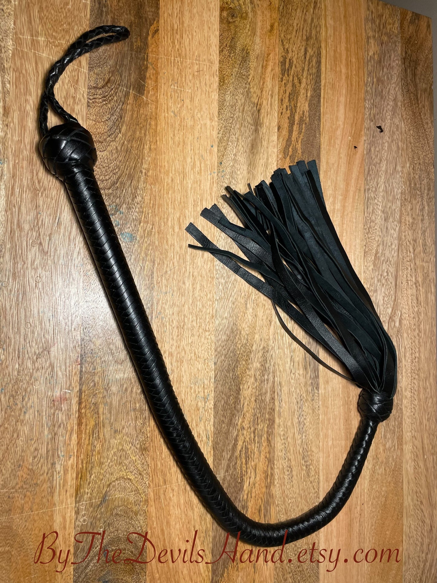 36" Long Flogger - Long Handle - Smooth Braided Black Leather - Total Length Three Feet