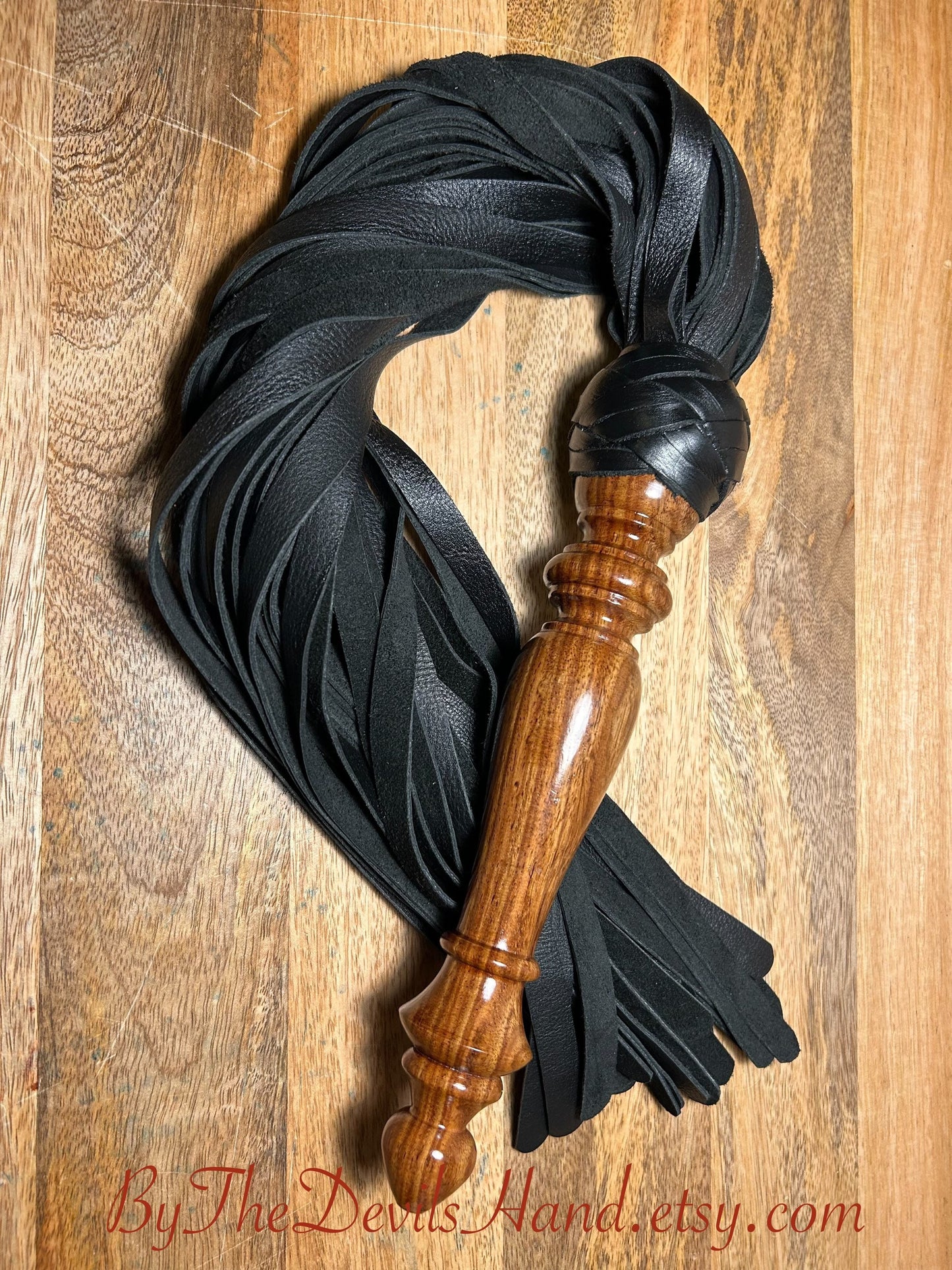 Cocobolo Wood Handle Flogger - Black Leather - The Classic Long Wood Handle Flogger