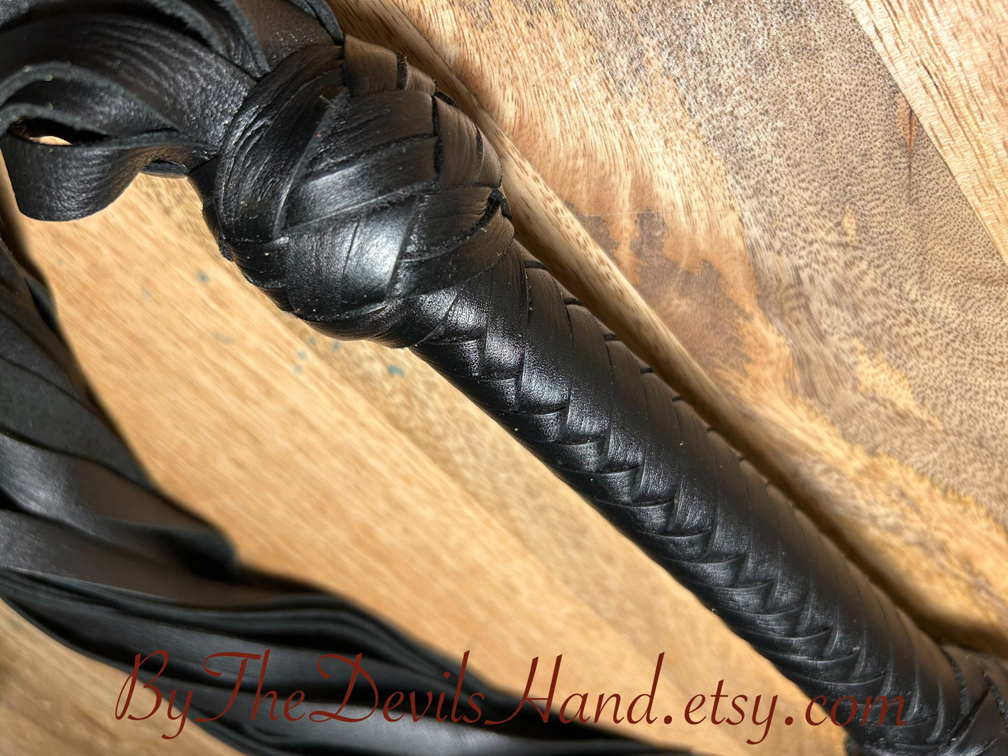 Classic Elegant Black Leather Flogger - With Black Leather Braided Handle