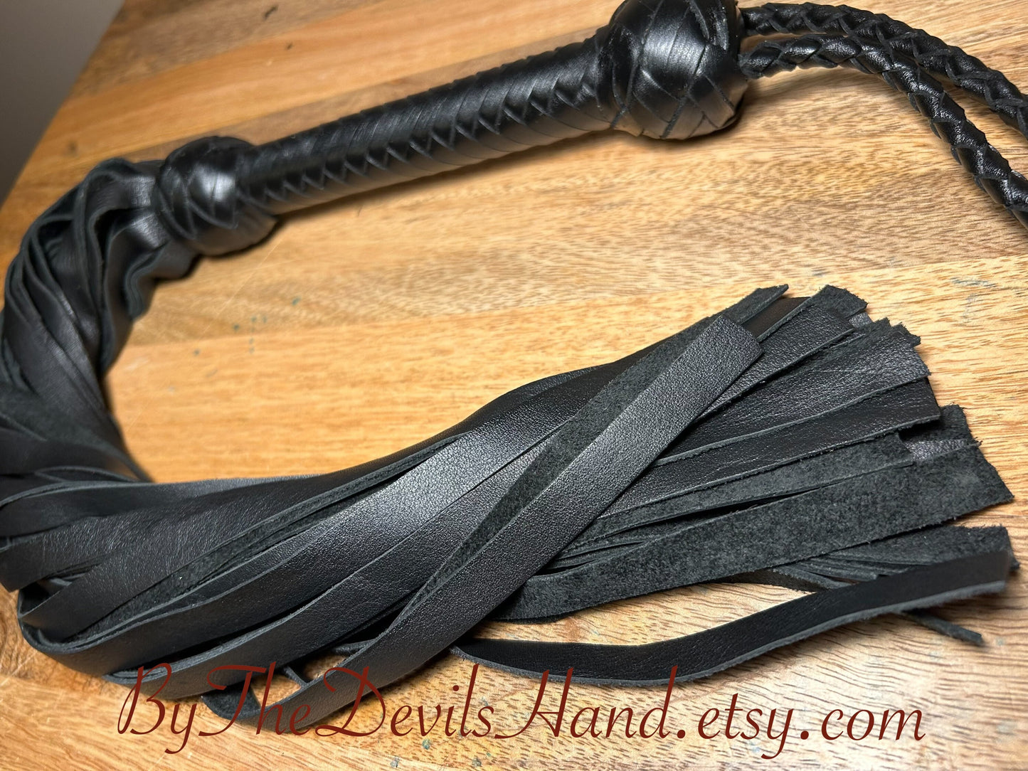 Classic Elegant Black Leather Flogger - With Black Leather Braided Handle