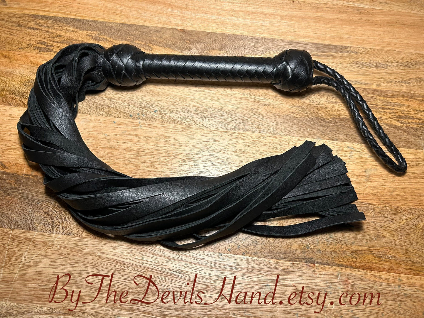 Classic Elegant Black Leather Flogger - With Black Leather Braided Handle