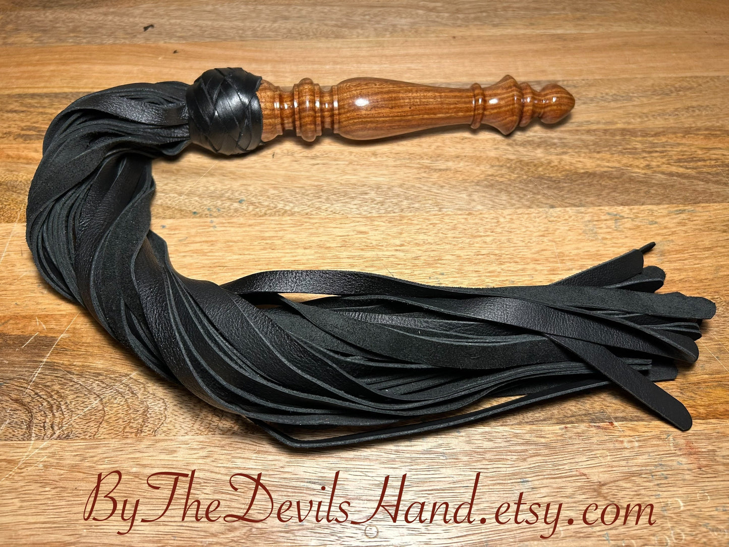 Cocobolo Wood Handle Flogger - Black Leather - The Classic Long Wood Handle Flogger