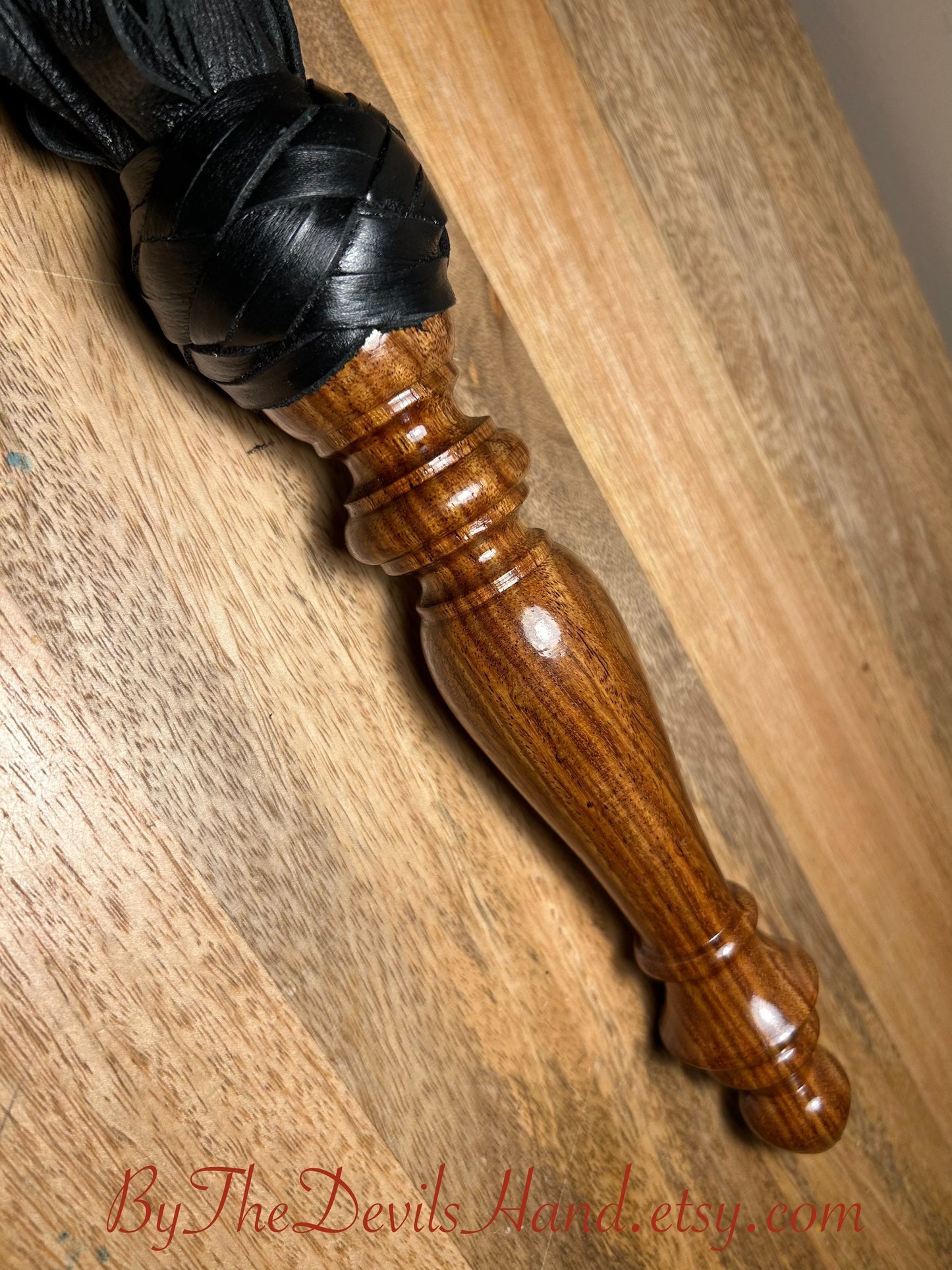 Cocobolo Wood Handle Flogger - Black Leather - The Classic Long Wood Handle Flogger